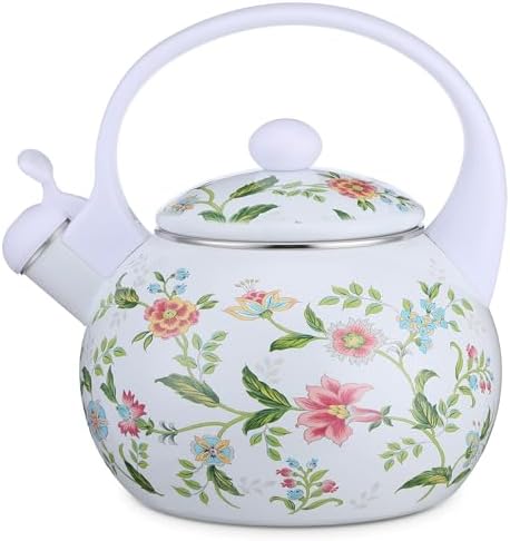 2.3 Quart Vintage Enamel Tea Kettle, Whistling Tea Kettle for Stove Top, Floral Enamel on Steel Teakettle Teapot for Home Kitchen Camping Picnic, Gift for Wedding Housewarming by Unknown