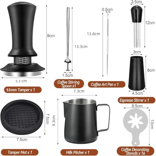 22 PCS Espresso Accessories Kit，53mm Coffee Tamper Set ，Barista Kit - with Frothing Pitcher WDT Tool Stirrer Tamper Mat Coffee Stencils Latte Art Pen - Image 2