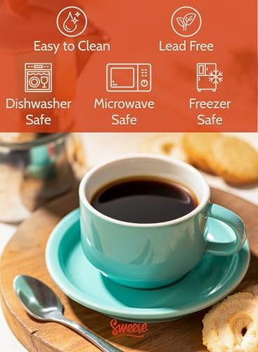 Sweese 4 Ounce Porcelain Stackable Espresso Cups with Saucers and Metal Stand Set of 4, Turquoise - Image 3