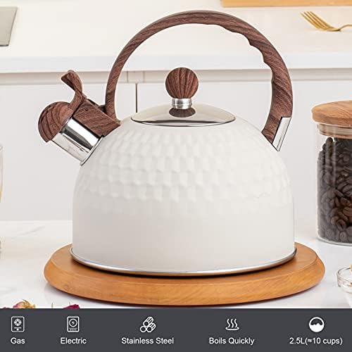 Whistling Stainless Steel Tea Kettle with Wood Grain Anti Heat Handle, Cylindrical Wood Grain Stainless Steel Cover, 2.6 Quart/2.5 Liter, Beige - Image 2