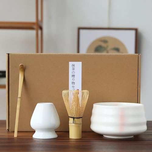 Matcha Whisk Scoop and Holder Matcha Bowl with Strainer Japanese Matcha Ceremony Accessory Set White by POWLAB