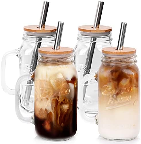 Mason Jar with Lid and Straw, 24oz Regular Mouth Mason Jars with Handle Drinking Glasses Tumbler Reusable Cups Smoothie Water Bottles for Iced Coffee Margaritas Juice Cocktail Travel Office Home by ANOTION