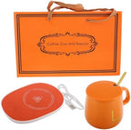 Zerodeko Electric Heated Water Cup with Lid and Spoon Ceramic Coffee Mug Set USB 5v Desk Cup Warmer for Office Home Hot Drink Beverage Warmer Set in Orange by Zerodeko