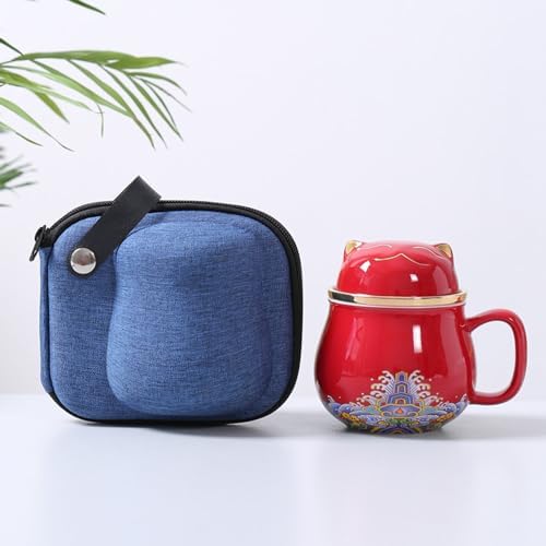 SHELFLOVER Beautiful Tea Mug Portable, White Porcelain Easy to Clean Keep Tea Hot Long, Easy Carried Travel/Office/Home Drink, Cute Cat, Red, 10oz by SHELFLOVER