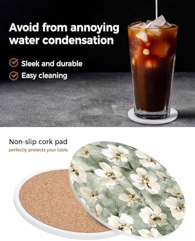Coaster for Drinks 4 Pack,Spring Waterclor Blooming Floral Absorbent Round Ceramic Stone with Cork Base,Garden Natural Flower Art Drink Coaster Cup Mats for Home Dining Coffee Tables - Image 6