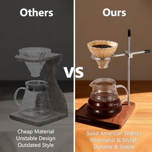 Pour Over Coffee Stand, Height Adjustable Hand Drip Cone Filter Holder, Premium Solid Walnut Wood Base & 304 Stainless Steel Dripper Station for Home Cafe Station, Walnut（Stand Only） - Image 6