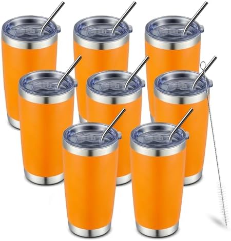 COMOOO 20oz 8 Pack Tumbler Double Wall Vacuum Insulated Coffee Travel Mug Stainless Steel Tumbler Bulk with Lid and Straw Insulated Coffee Cup for Cold & Hot Drinks (Orange, 8 Pack) by COMOOO