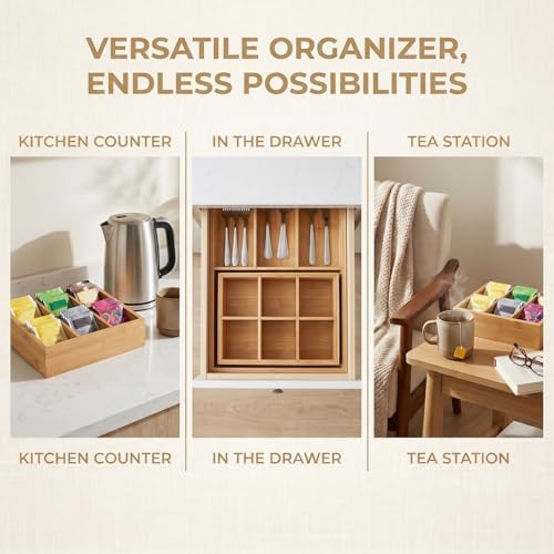 Bamboo Tea Bag Organizer, Rectangle 6 Compartment Tea Storage Box - Image 3