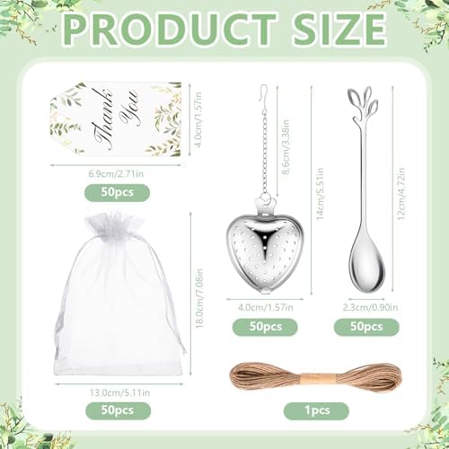 50 Sets Bridal Shower Tea Party Favor for Guests Leaf Tea Spoon Heart Tea Infuser for Loose Leaf Tea Steeper with Thank You Card Organza Bags for Wedding Decoration Gift Souvenirs (50, Silver) - Image 2