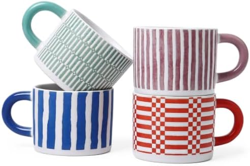 Stoneware Coffee Mugs Set of 4, 14oz Hand-Painted Coffee Cups with Handle by ALOFMO