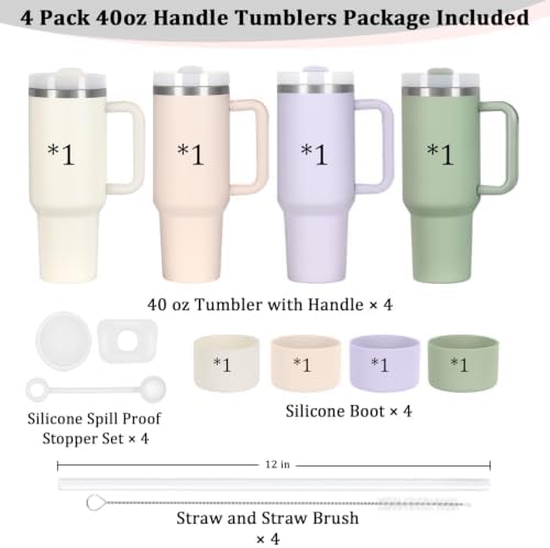 4 Pack 40 Oz Tumbler with Handle Bulk, Double Wall Vacuum Insulated Stainless Steel Tumbler with Lid and Straw, 40 oz cup with Silicone Spill Proof Stopper Set (Cream,Purple,Dark Green,Rose Quartz) - Image 4