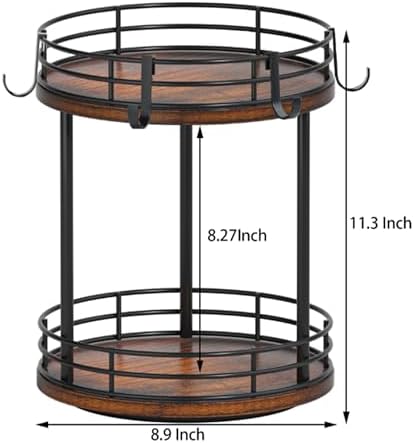 Rotating Coffee Mug Holder Rack Stand, 2 Tier Wooden Coffee Station Bar Organizer for Countertop, Spinning Kitchen Counter Organizer, Mug Shelf with 6 Hooks, Rustic Brown and Black - Image 5