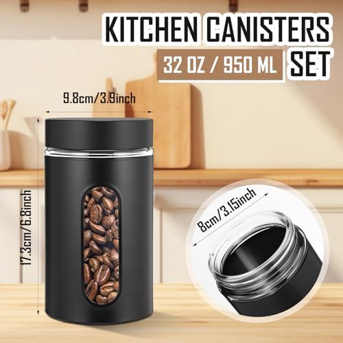 Mimorou 3 Pcs Stainless Steel Canister Set with Glass Windows Visible Storage Jars Silver Kitchen Canister Set for Pasta Flour Oat Sugar Container, Kitchen Tools, Housewarming Gifts(Black,32 oz) - Image 2