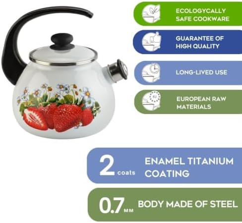 Enamel Kettle with Whistle 2.7 Qt (2.5 L) Stovetop Kettle with Ergonomic Handle, Enameled Steel Tea Pot for Stove Top, Vintage Kitchen Tea Kettle, Dishwasher and Induction Safe (Strawberry) - Image 3
