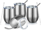 COMOOO 12oz Insulated Wine tumbler with Lid, Stainless Steel Stemless Wine Tumbler Glass,Double Wall Vacuum Wine Tumbler Cups with Straw for Coffee, Cocktails,Beer,Champaign Silver, 4 Pack by COMOOO