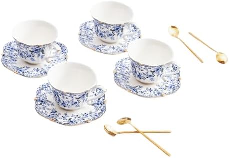 Vintage Floral Porcelain Tea Cup and Saucer Set with Gold Trim, Spoon, Espresso, Coffee, Gift Boxes (4, China Flower) by Unknown