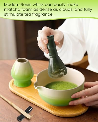 7 Piece Matcha Set, Green Resin Matcha Whisk, Macha Tea Set with Matcha Spoon, Whisk Holder, Matcha Brush, Shovel, Strainer, Matcha Accessories Japanese Tea Ceremony, Petal Green - Image 6