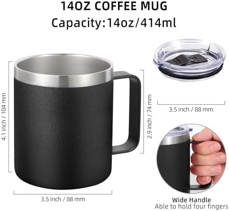 Volhoply 14oz Insulated Stainless Steel Coffee Mug with Lid Bulk 8 Pack,Double Wall Vacuum Travel Coffee Cup with Handle,Reusable Metal Cups Tumbler,Camping Mugs Keep Hot,Ideal Gifts(Black,8) - Image 2