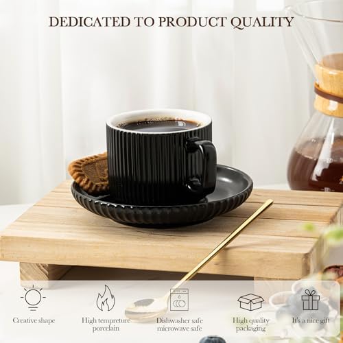 5 Ounce Espresso Cups Set of 4, Small Coffee Cups with Saucers and Spoons, Black Ceramic Demitasse Espresso Mugs - Image 6