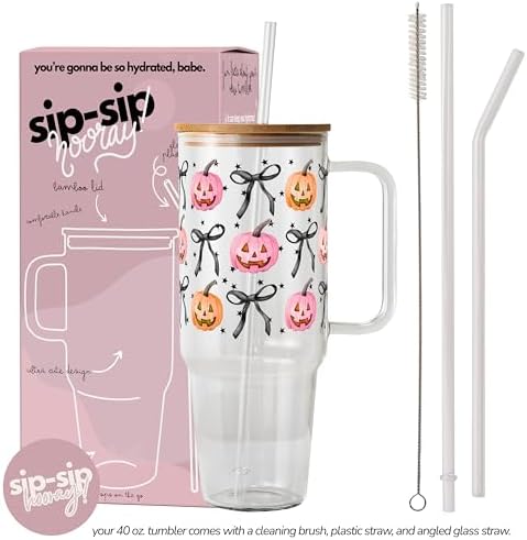 Sip-Sip Hooray! Halloween Coquette Pumpkins 40oz Glass Tumbler with Handle - Image 4