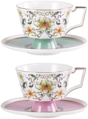 KAMMAK Ceramic Coffee Cups Saucers Set of 2, Porcelain Espresso Cups with Saucers, 8.12 oz Handcrafted Elegant Bone China Tea Cups, Lotus Floral Pattern Teacup for Party, Office, Women Gift by KAMMAK