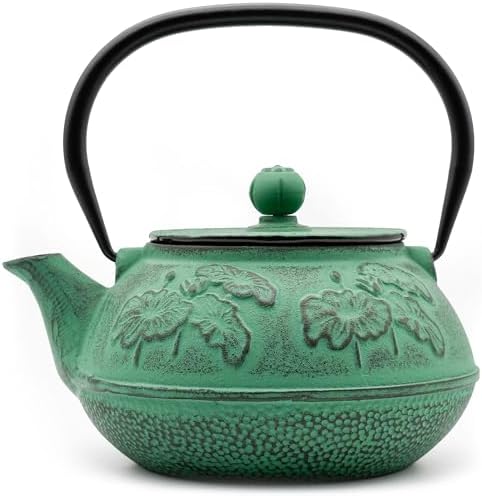 Zen Minded Traditional Japanese Cast Iron Tetsubin Stovetop Teakettle Teapot with Stainless-steel Mesh Loose-leaf Filter for Green Tea & Infusions 900ml Lotus Pattern - Emerald Green by zenminded