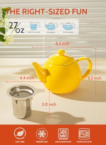 Sweese Teapot, Porcelain Tea Pot with Stainless Steel Infuser, Blooming & Loose Leaf Teapot - 27 ounce, Yellow - Image 3
