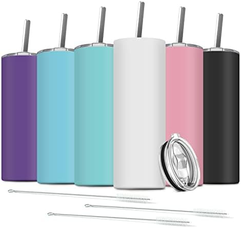 6 Pack Stainless Steel Skinny Tumbler, 20 OZ Double-Insulated Water Tumbler Cup with 6 Straw and 3 Brush, Vacuum Travel Mug Gift for Hot Cold Drinks with Cleaning(Assorted Colors) by Deitybless