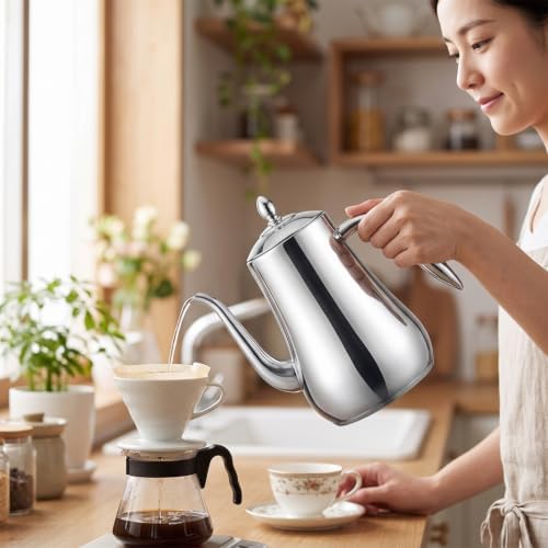 Gooseneck Tea Kettle with Lid Rust-Resistant Stainless Steel Pour Over Coffee Teapot with Strainer Polished for Kitchen, 1750ml - Image 5