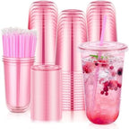 tchrules 100 Set 18oz Pink Plastic Disposable Cups with Lids and Straws by TCHRULESHOME