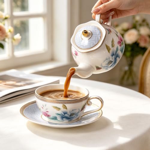 KAMMAK Tea for One Set, Ceramic Teapot, Bone China Tea Set, Cup and Saucer - Image 5