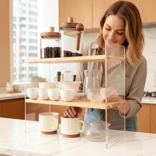 Coffee Station Organizer 2 Tier, Solid Wood Mug Shelffor Coffee Bar,Matcha Station,Tea Storage - Holds Mugs,Beans,Syrup,Cups,Tirrers - Image 3