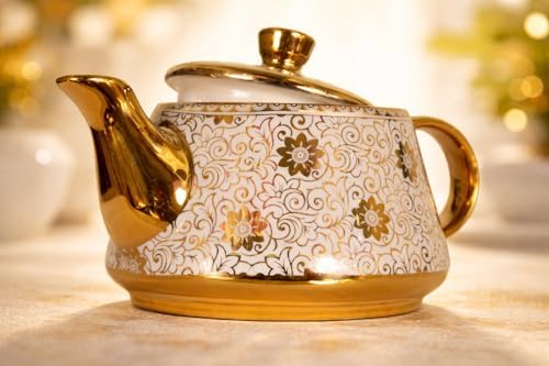 Porcelain Tea Set with 1 Kettle, 6 Piece Tea Cup Set, Aesthetic Classic Teaware Set for Home, Kitchen Decor & Gifting (Florita Golden) - Image 4