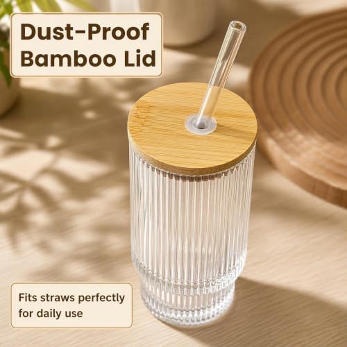 Glass Cups with Lids and Straws 16 oz Ribbed Drinking Glasses Set - Image 6