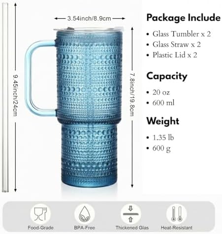 20 oz Blue Glass Tumbler with Lid and Straw, Glass Iced Coffee Cups, Spill-proof Glasses Tumbler with Handle, Glasses Drinking Set of 2, Vintage Glassware for Cocktail, Smoothies - Image 7