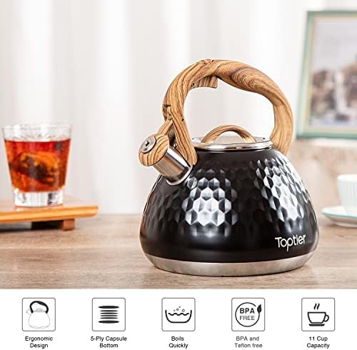 Tea Kettle, Toptier Teapot Whistling Kettle with Wood Pattern Handle Loud Whistle, Food Grade Stainless Steel Tea Pot for Stovetops Induction Diamond Design Water Kettle, 2.7-Quart Black - Image 6