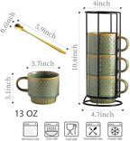 LYEOBOH Coffee Mug, Coffee Mugs Set of 4, Stackable Coffee Mugs with Rack and Spoons - 13 Oz Cup Set with Stand, Ceramic Mugs for Home & Kitchen, Blue and Green - Image 2