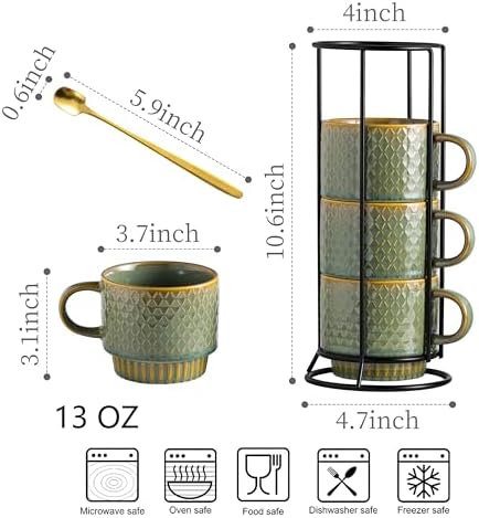 LYEOBOH Coffee Mug, Coffee Mugs Set of 4, Stackable Coffee Mugs with Rack and Spoons - 13 Oz Cup Set with Stand, Ceramic Mugs for Home & Kitchen, Blue and Green - Image 2