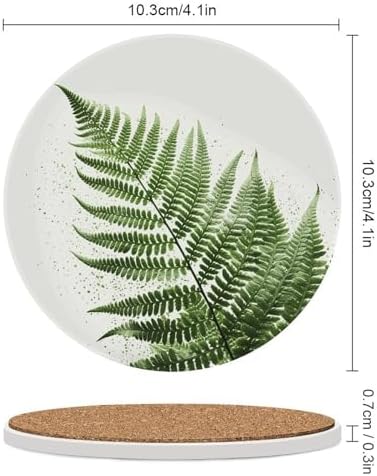 Drink Coasters with Cork Backing Ceramic Coasters Natural Plant Silhouette Fern Leaf Coaster for Drinks Non-Slip Coaste Round Absorbing Stone Coaster Set of 6PCS for Kinds of Cups Coffee Table - Image 2