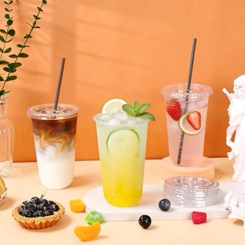 tchrules 100 Set 18oz Clear Round Bottom Plastic Cups with Lids and Straws - Image 3