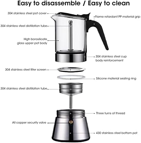 Jiawu Pot, Classic Stovetop Espresso Maker, Stainless Steel Italian and Cuban Coffee Maker, Premium Crystal Glass Top Espresso Pot, Easy to Operate & Quick Cleanup (240ml) - Image 2