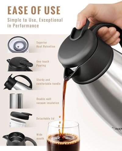 GiNT Thermal Coffee Carafe 51 Oz, Stainless Steel Insulated Beverage Server with Easy-Clean Detachable Lid, Leak-Proof One-Hand Pour Large Dispenser for Hot Drinks and Coffee Pot for Home Office - Image 3