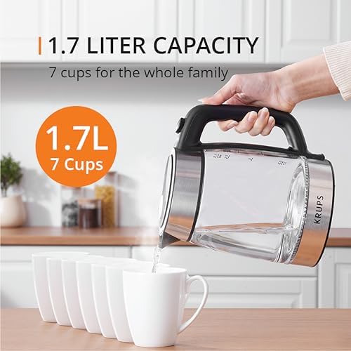KRUPS 1.7L Glass Electric Kettle: Fast-Boiling 1500W with LED Indicator, Anti-Scale Filter, Auto Shut-Off, and Cordless Design - Boil 1 Cup in 80 Seconds for Perfect Tea and Coffee - Image 5
