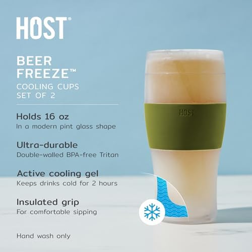 Host FREEZE Beer Cooling Cups, Frozen Beer Mugs, Freezable Pint Glass Set, Insulated Pint Glass to Keep Your Drinks Cold, Double Walled Insulated Glasses, Gift for Dad,16oz, Set of 2, Olive - Image 3