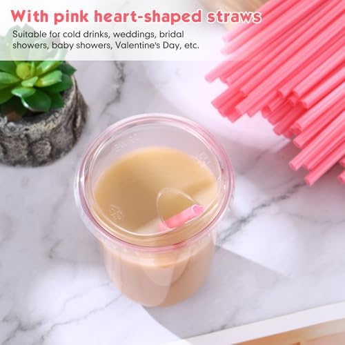 Ziliny 50 Sets Plastic Cups with Pink Heart Straws and Lids, Pink, 16 oz - Image 3