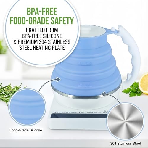 Collapsible Travel Tea Kettle with Temperature Control, Portable Electric Tea Kettle, Collapsible Water Kettle with Detachable Base, BPA-Free Silicone, Keep Warm & Auto Shut-Off, 555ml 110V Blue - Image 4