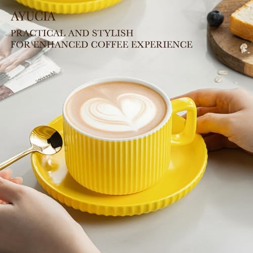 8 Ounce Cappuccino Cups Set of 4, Latte Mugs with Saucers and Spoons, Yellow Ceramic Coffee Mugs Tea Cups for Cappuccino Latte Mocha Au Lait Macchiato Cafe - Image 3
