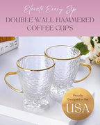 Sister.ly Drinkware Hammered Double Wall Glass Coffee Cups – Set of 2, 12oz – Insulated Glass Mugs with Gold Rim & Handle – Elegant Clear Coffee Cups for Latte, Espresso, Tea, Irish Coffee - Image 4