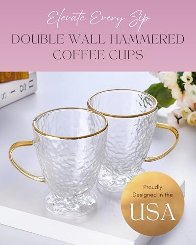 Sister.ly Drinkware Hammered Double Wall Glass Coffee Cups – Set of 2, 12oz – Insulated Glass Mugs with Gold Rim & Handle – Elegant Clear Coffee Cups for Latte, Espresso, Tea, Irish Coffee - Image 4