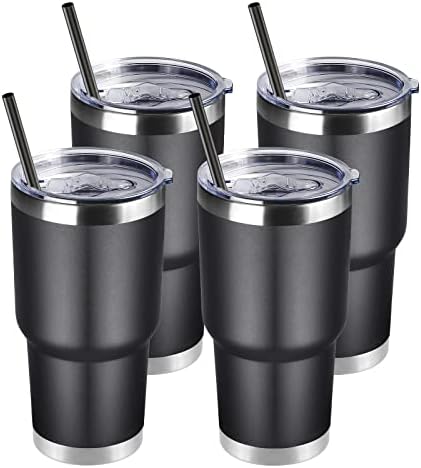 DOMICARE 30 oz Tumbler with Lid and Straw, Stainless Steel Tumblers Bulk, Insulated Vacuum Double Wall Travel Coffee Mug, Durable Powder Coated Tumbler Cups (Black, 4) by VisittheDOMICARE